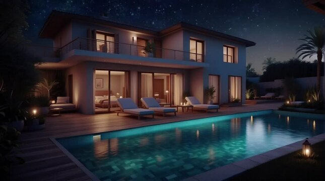 cozy pool in villa at night with sky animated