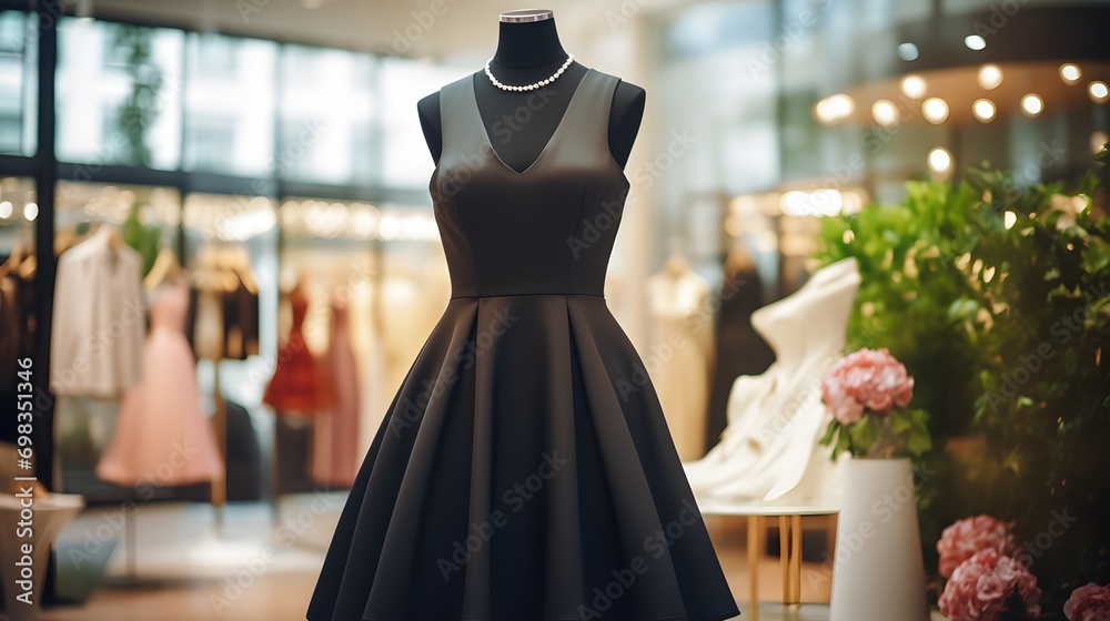 Wall mural Elegant women's black midi dress on a mannequin in a window display in a shopping center. Little black dress