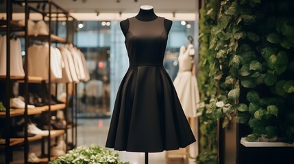 Elegant women's black midi dress on a mannequin in a window display in a shopping center. Little black dress - Powered by Adobe
