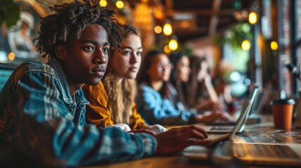 A group of diverse students in a coffee shop with a black man