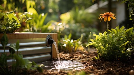 rainwater harvesting system in a garden. - obrazy, fototapety, plakaty