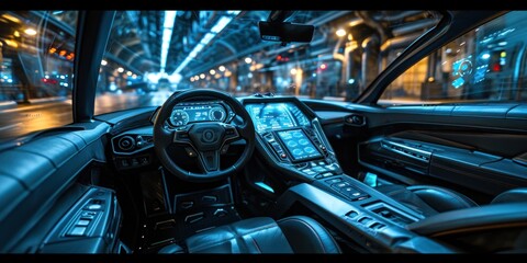 autonomous futuristic car dashboard concept with HUD and hologram screens and infotainment system