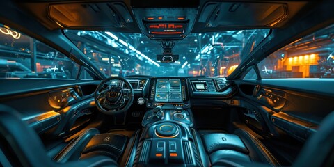 autonomous futuristic car dashboard concept with HUD and hologram screens and infotainment system - obrazy, fototapety, plakaty