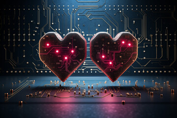 Circuit board cyber network connects two hearts and symbolizing love - obrazy, fototapety, plakaty