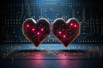 Poster Circuit board cyber network connects two hearts and symbolizing love © h3bs