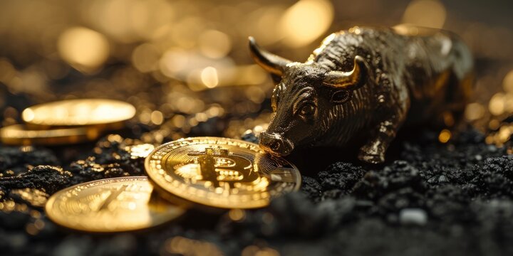 bull financial bitcoin or crypto market concept in gold and black color