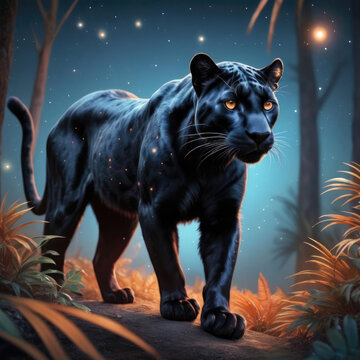 Mystical Panther - Digital art illustration of a mysterious panther with hidden starry constellations in its black fur prowling in a twilight jungle with radiant orange tones Gen AI
