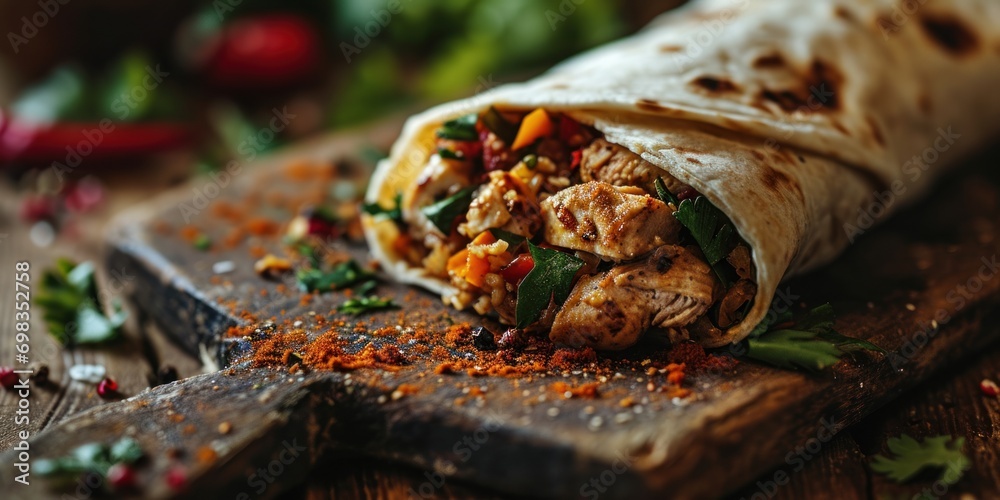 Wall mural fresh grilled chicken wrap roll with flying ingredients and spices hot ready to serve - Wall murals