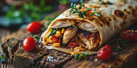 fresh grilled chicken wrap roll with flying ingredients and spices hot ready to serve - obrazy, fototapety, plakaty