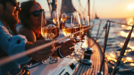 Happy friends clink wine glasses and sail on a yacht. Summer, vacation, travel, sea, vacation.