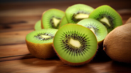 Ripe kiwi in a wooden dish on a wooden background. Healthy eating. AI Generative