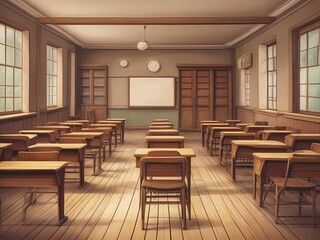 Vintage wooden lecture chairs and tables in classroom interior.