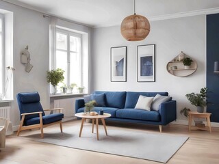 Dark blue sofa and recliner in apartment. Modern living room interior design.