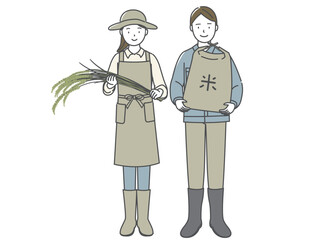 収穫した稲と米袋を抱える農家の若い男女