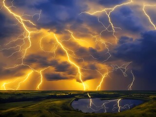 Golden thunderstorm on dark nature background.