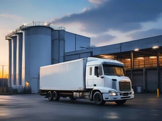 white truck parked in front of industrial logistics building at sunset. Logistics transport trucks are parked.