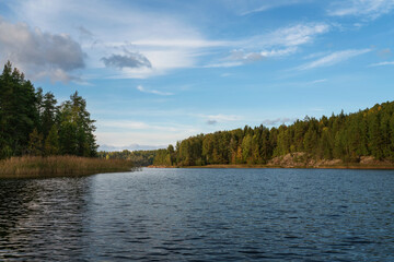 Lake Ladoga near the village Lumivaara on a sunny autumn day, Ladoga skerries, Lakhdenpokhya, Republic of Karelia, Russia