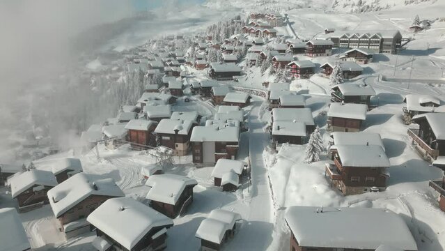 Bettmeralp in Switzerland in winter. Winter ski resort in the snow. Small village in the Swiss mountains