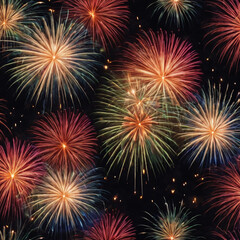 Fototapeta premium New Year Fireworks, background panorama, firework pyrotechnics and sparklers on dark black night sky texture., colorful, fireworks, beautiful, night sky, sparkle, light, event