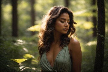 Naklejka premium Beautiful Young Cute Girl In Mystical Forest Portrait With Backlit