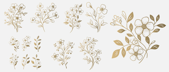 Set Floral branch and minimalist leaves for logo or tattoo. Hand drawn line wedding