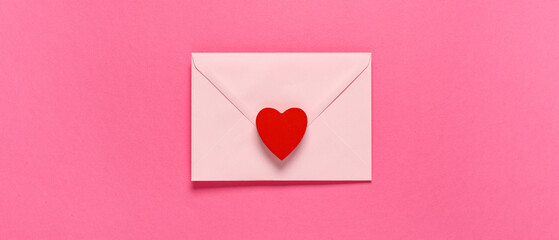 Envelope and red heart on pink background, top view. Valentine's Day celebration