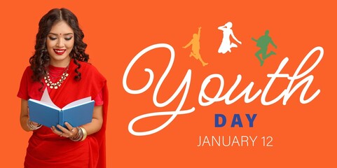 Banner for National Youth Day with Indian female student reading book