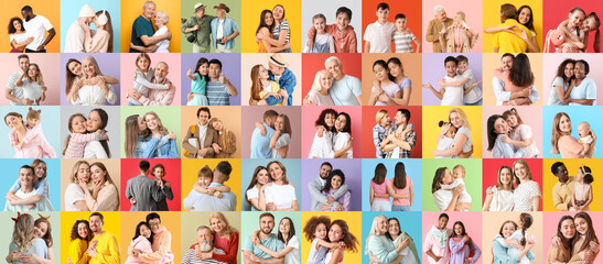 Fototapeta na wymiar Big collage of hugging people on color background