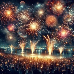 New Year Fireworks, background panorama, firework pyrotechnics and sparklers on dark black night sky texture., colorful, fireworks, beautiful, night sky, sparkle, 