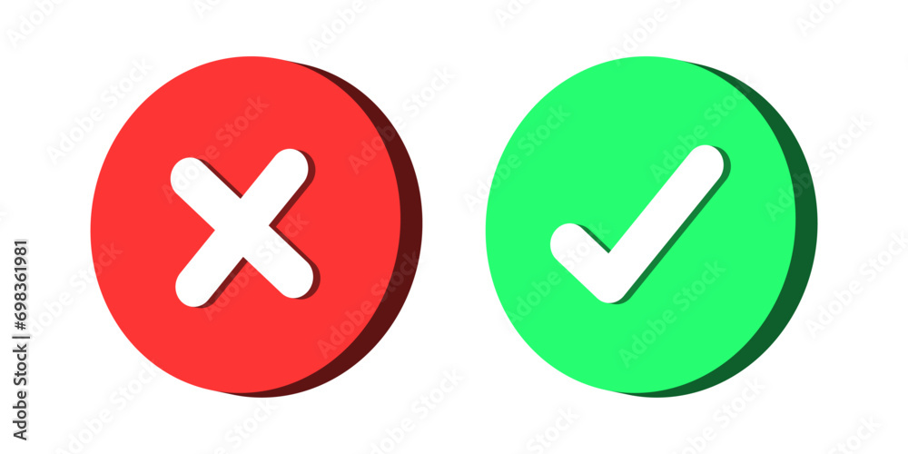 Aufkleber 3d check mark icon set. check box icon with right and wrong 3d button and yes or no checkmark icons in green tick box and red cross. vector illustration