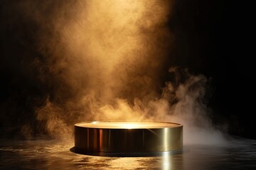 Gold podium on dark background with smoke. Empty pedestal for award ceremony - obrazy, fototapety, plakaty