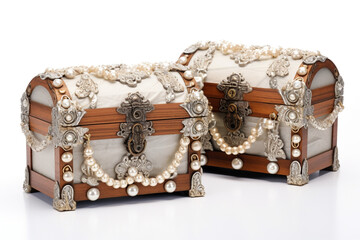 Wooden and silver old chests with pearls and gold , isolated on white