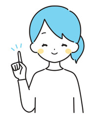 水色｜指差しをする私服の女性｜上半身