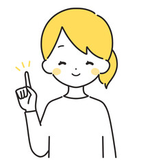 黄色｜指差しをする私服の女性｜上半身