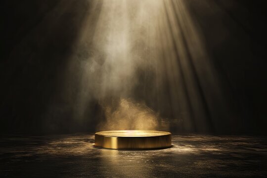 Gold podium on dark background with smoke. Empty pedestal for award ceremony