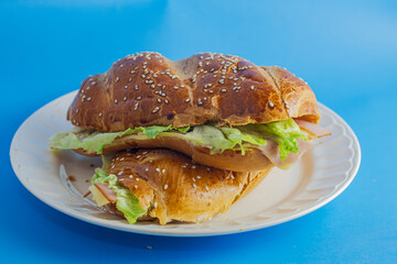 studio photography of sandwich on blue background with open bread with cheese, ham, lettuce and mayonnaise on a plate for breakfast