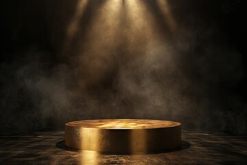 Gold podium on dark background with smoke. Empty pedestal for award ceremony