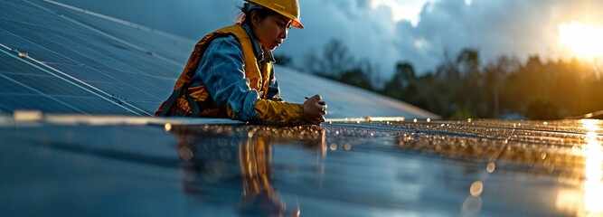 Asian engineer employed by a floating solar power plant dedicated to sustainable energy. - obrazy, fototapety, plakaty