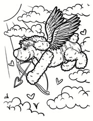 Cute coloring book page for Valentine’s Day of a puppy dressed as Cupid