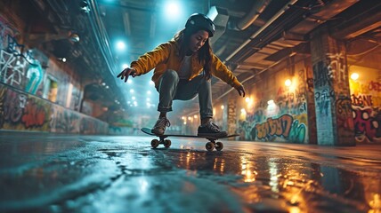 Asian female skateboarder performing tricks Urban exercise interior lifestyle of leaping in the underground garage.