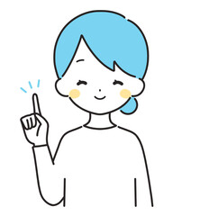 水色｜指差しをする私服の女性｜上半身