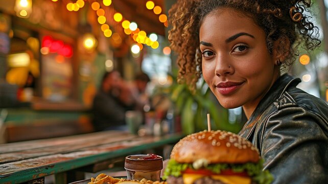 Pretty and fashionable girl eating a hamburger.