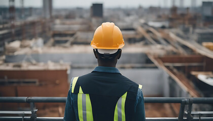 Rear view of african american engineer in hardhat looking at construction site