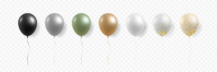3D realistic helium balloons set. Isolated on transparent background. Wedding anniversary, Valentine, Birthday party design, Festival decoration. Glossy metallic golden balloon. Vector illustration. - 698364733