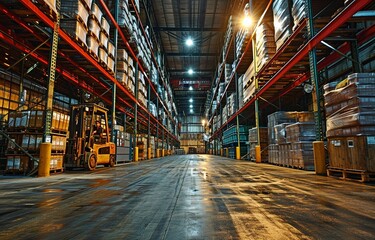 Fototapeta premium Inside an industrial warehouse structure, workers and forklifts are moving items around the storage space..