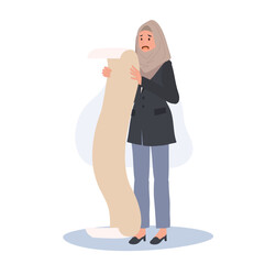 Financial Burden. Shocked Muslim Woman Faces Long Checklist of Expenses