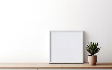 Fototapeta premium Blank frame and indoor plant with copy space on table top. Minimalism interior design. For product, wallpaper, advertising, and marketing material mockup.