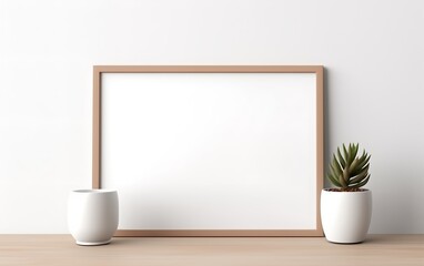 Obraz na płótnie Canvas Blank frame and indoor plant with copy space on table top. Minimalism interior design. For product, wallpaper, advertising, and marketing material mockup.