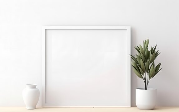 Blank frame and indoor plant with copy space on table top. Minimalism interior design. For product, wallpaper, advertising, and marketing material mockup. © Harry