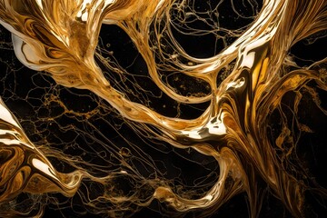 Liquid gold morphing into crystalline structures against a pitch-black void, creating an otherworldly abstract masterpiece. - obrazy, fototapety, plakaty